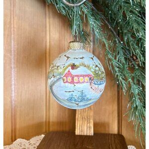 Hand-Painted Glass Christmas Ornament With Winter Cottage Scene & Crackle Finish